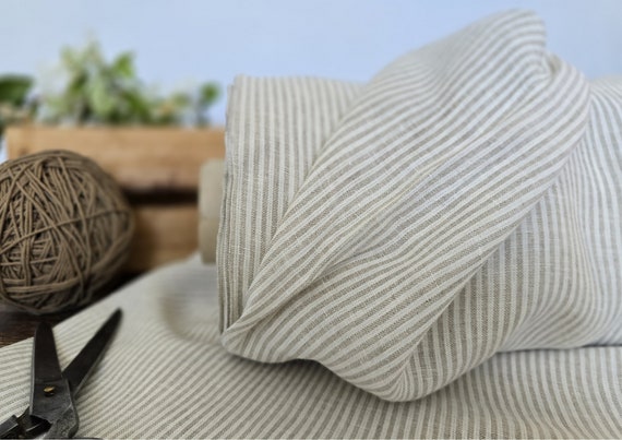 Linen fabric EXTRA WIDE milk white with natural undyed striped, Bedding and curtain linen fabric