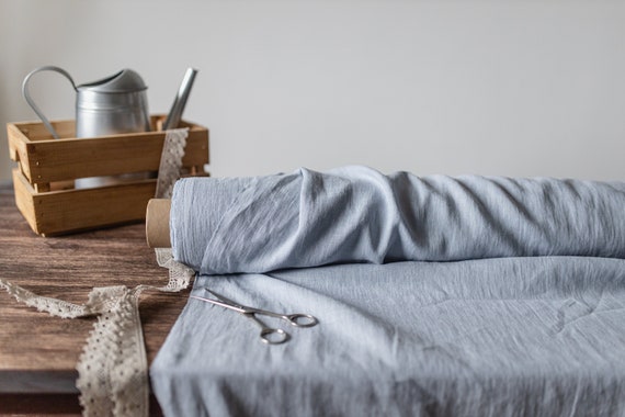 Linen fabric Baby blue, Softened washed flax fabrics, Fabric by the yard or meter