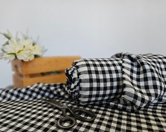 Linen fabric black with milk white checks, Linen fabric by the yard or meter, Checked flax for sewing