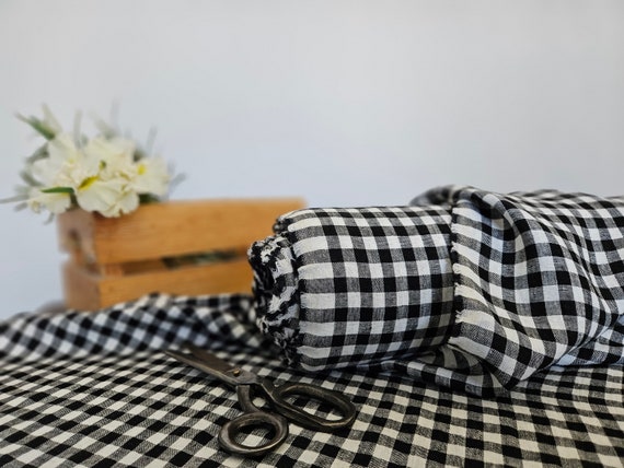 Linen fabric black with milk white checks, Linen fabric by the yard or meter, Checked flax for sewing