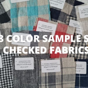 18 different color pattern checked sample set linen fabric texture, natural woven linen material for curtains , 105 cm wide (41 vinches), OEKO-TEX Standard 100 certified, medium weight, sold by length from 0.5 m or 0.5 yard