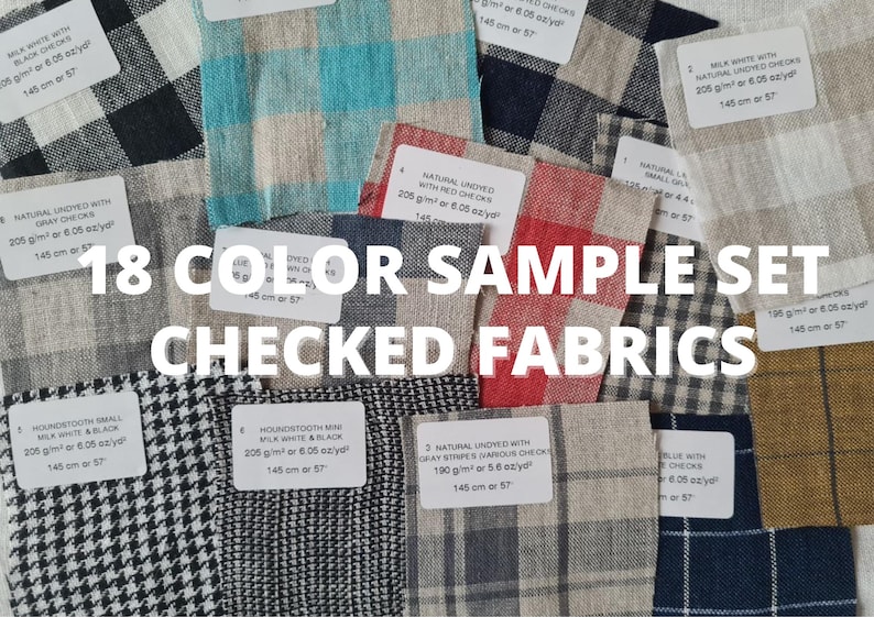 18 different color pattern checked sample set linen fabric texture, natural woven linen material for curtains , 105 cm wide (41 vinches), OEKO-TEX Standard 100 certified, medium weight, sold by length from 0.5 m or 0.5 yard