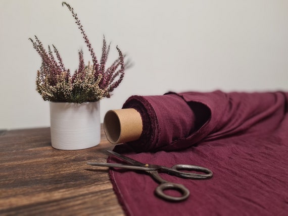 Linen fabric Burgundy purple, Organic flax fabrics, Fabric by the yard or meter