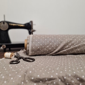 natural undyed  with white dots linen fabric texture,  linen material for curtains and clothing, 145 cm wide (57 inches), medium weight, sold by length from 0.5 m or 0.5 yard