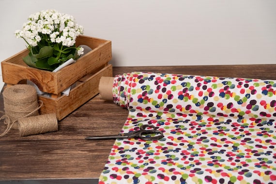 Colorful polka dots prints linen fabric, Washed and softened fabric, Fabric by the yard or meter