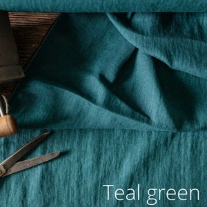 Linen fabric dark forest green, Fabric by the yard or meter, Washed softened flax fabric Teal Green