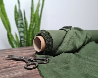 Tissu de lin Vert pin, Tissu par verge ou mètre, Tissu de lin lavé biologique