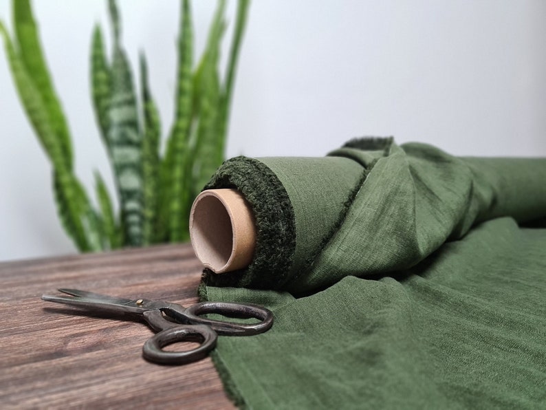 Linen fabric Pine green, Fabric by the yard or meter, Organic washed flax fabric image 1