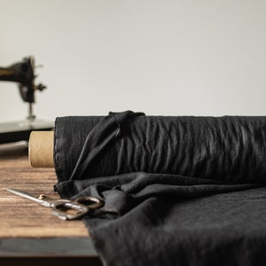 Linen fabric Black, Washed softened linen fabric Fabric by the yard or meter image 1