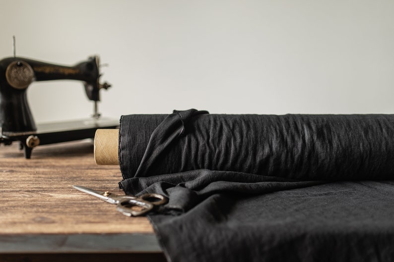 Linen fabric Black, Washed softened linen fabric Fabric by the yard or meter zdjęcie 1