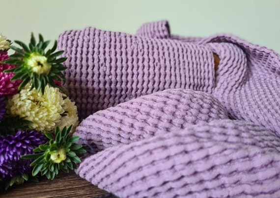 Waffle linen fabric lillac pink, Fabric by the yard or meter, Washed softened blend fabric