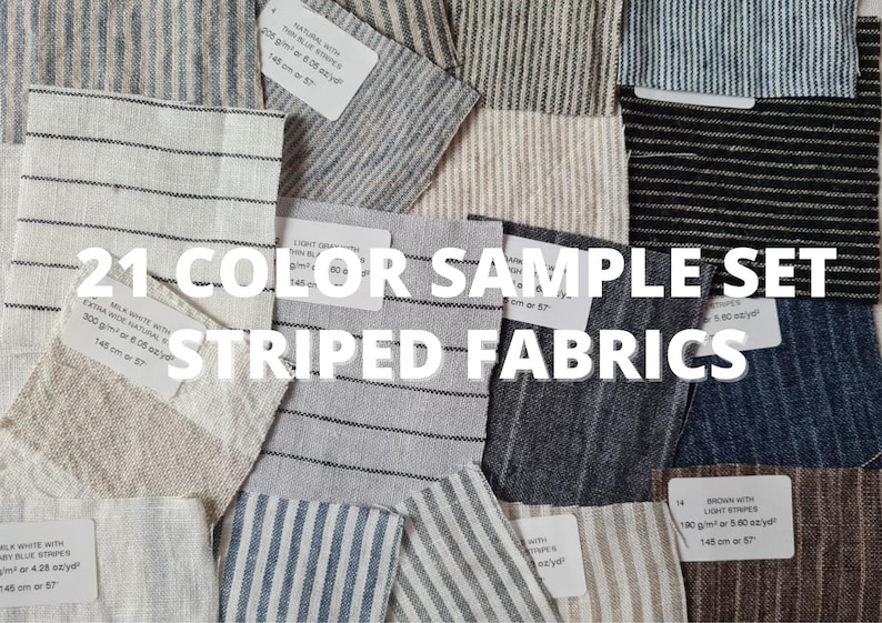 21 different color striped set linen blend fabric texture, natural woven linen material for curtains , 105 cm wide (41 vinches), OEKO-TEX Standard 100 certified, medium weight, sold by length from 0.5 m or 0.5 yard. sampleas are about 6x6cm ( 2.3x2.3 inches)