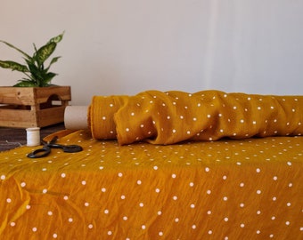 Linen fabric honey yellow with white dots, Fabric by the yard or meter, Softened washed linen fabric