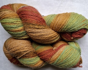 May include: A skein of hand-dyed yarn in shades of green, orange, and brown. The yarn is tightly twisted, showing a gradient of colors. Ideal for knitting or crocheting projects.