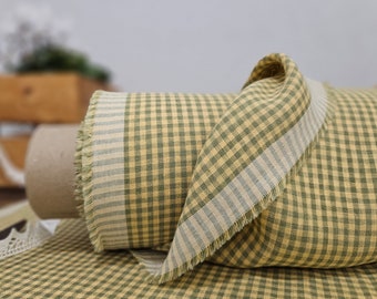 Linen fabric yellow with green checks, Linen fabric by the yard or meter, Checked flax for sewing