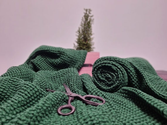 Waffle linen fabric forest green, Fabric by the yard or meter, Washed softened flax fabric