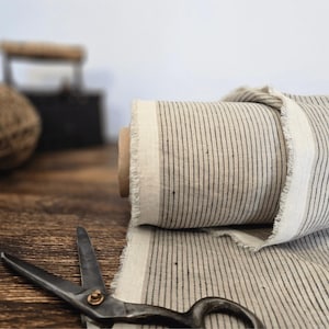 natural with brown stripe  linen blend fabric texture,  linen material for curtains and clothing, 145 cm wide (57 inches), medium weight, sold by length from 0.5 m or 0.5 yard