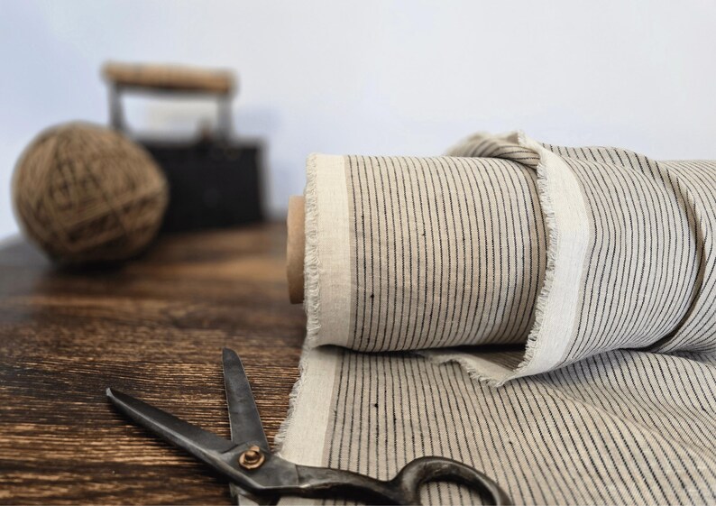 natural with brown stripe  linen blend fabric texture,  linen material for curtains and clothing, 145 cm wide (57 inches), medium weight, sold by length from 0.5 m or 0.5 yard