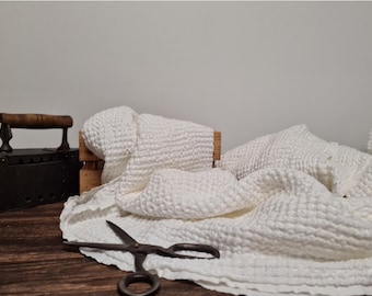 Waffle linen fabric milk white, Fabric by the yard or meter, Washed softened flax fabric