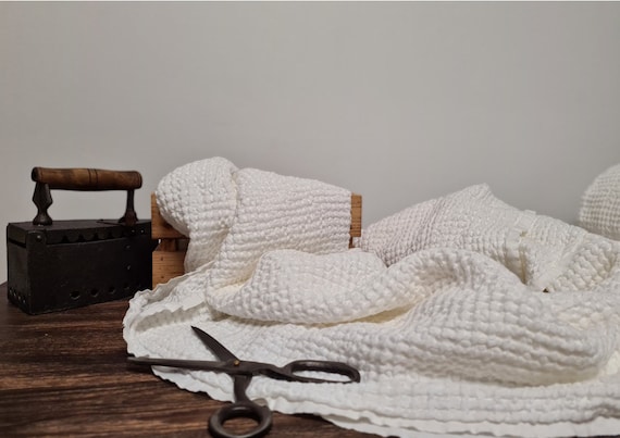 Waffle linen fabric milk white, Fabric by the yard or meter, Washed softened flax fabric