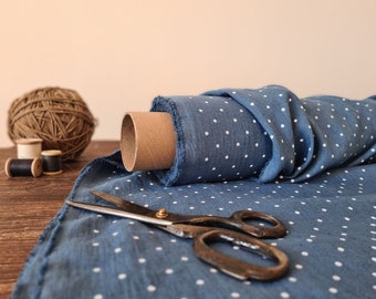 Linen fabric steel blue with dots, Fabric by the yard or meter, Softened washed linen fabric