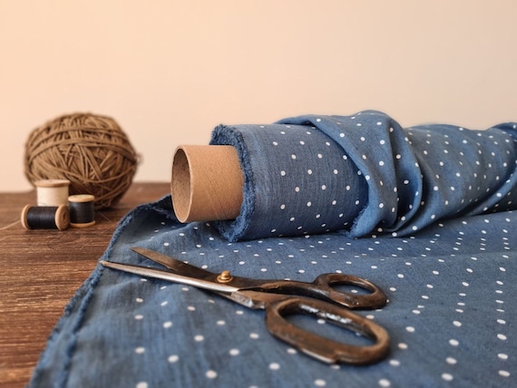 Linen fabric steel blue with dots, Fabric by the yard or meter, Softened washed linen fabric