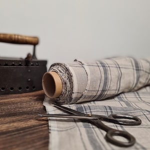 Natural with gray checks Linen Fabric by the yard, Checked Linen Fabric, Washed linen fabrics
