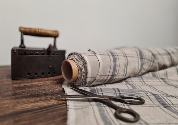 Natural with gray checks Linen Fabric by the yard, Checked Linen Fabric, Washed linen fabrics