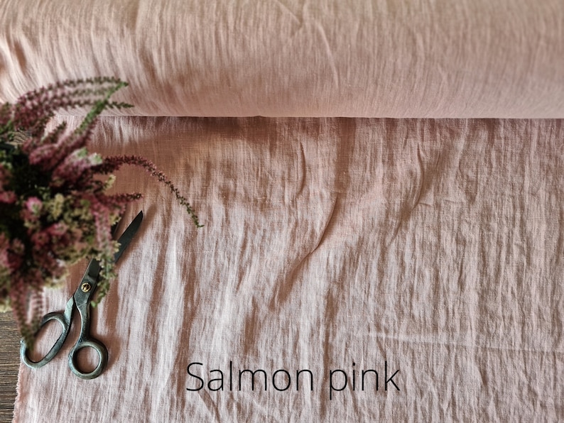 Linen fabric pink lemonade, Washed softened flax fabrics, Fabric by the yard or meter Salmon Pink