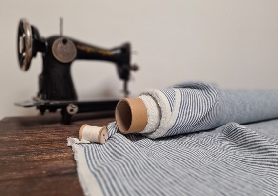 Linen fabric milk white with medium blue stripes, Natural linen lightweight fabric by the yard or meter, Striped flax fabrics