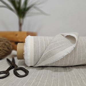 Tessuto di lino naturale con sottili strisce bianche, Tessuto di lino naturale tagliato su misura, Lino biologico lavato