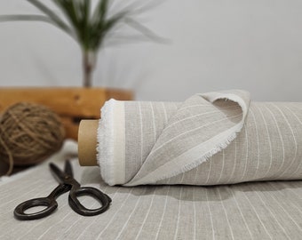 Linen fabric natural with thin white stripes, Natural linen fabric by the yard, Washed organic flax