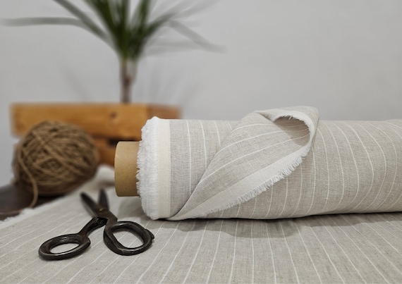 Linen fabric natural with thin white stripes, Natural linen fabric by the yard, Washed organic flax