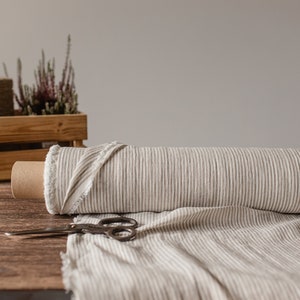 Linen fabric milk white with beige stripes, Natural linen lightweight fabric by the yard, Washed organic flax image 4