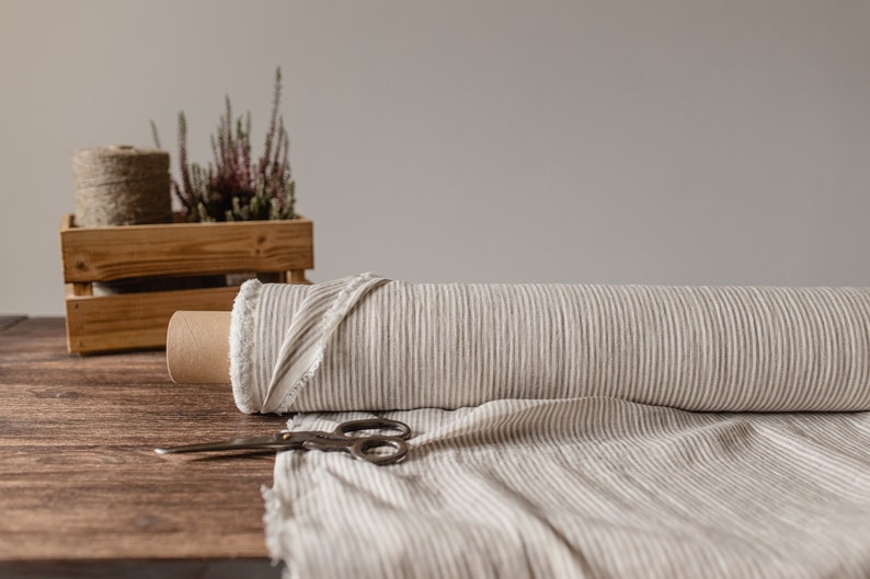 Linen fabric milk white with beige stripes, Natural linen lightweight fabric by the yard, Washed organic flax image 4