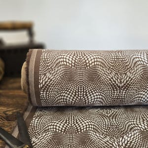 Linen fabric taupe brown with abstract white print, Washed softened linen fabric by yard or meter