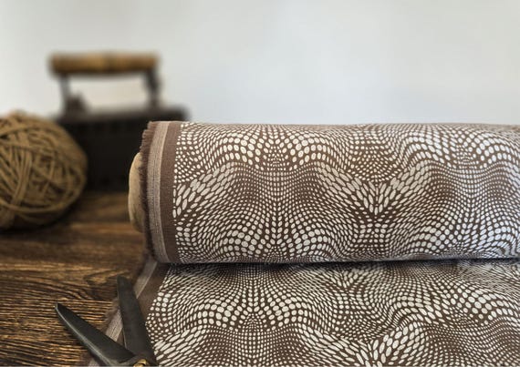 Linen fabric taupe brown with abstract white print, Washed softened linen fabric by yard or meter