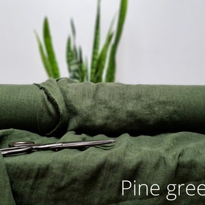 Linen fabric dark forest green, Fabric by the yard or meter, Washed softened flax fabric Pine Green