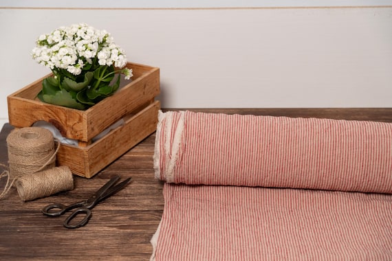 Red thin striped natural linen fabric, Fabric by the yard or meter, Washed softened flax fabric