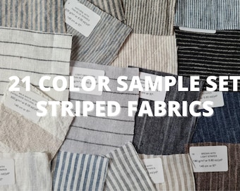 May include: A collection of 21 striped fabric samples in various colors, including blue, gray, and black. The image displays a variety of striped patterns and textures. The text "21 COLOR SAMPLE SET STRIPED FABRICS" is overlaid on the image.
