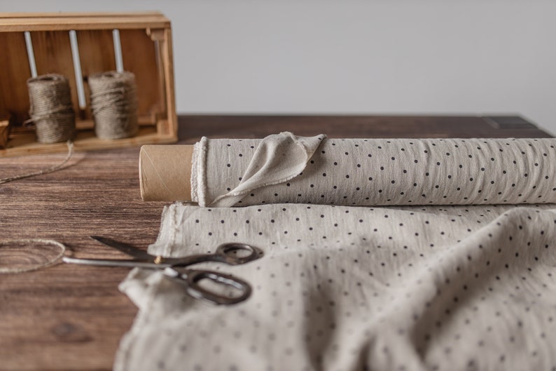 natural undyed with black dots linen fabric texture,  linen material for curtains and clothing, 145 cm wide (57 inches), medium weight, sold by length from 0.5 m or 0.5 yard