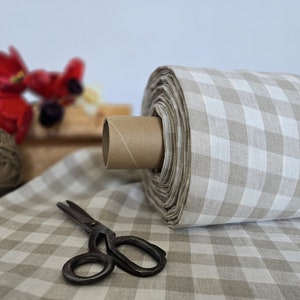 Linen fabric EXTRA WIDE milk white with natural undyed checks, Bedding and curtain linen fabric