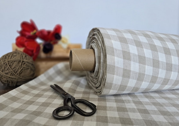 Linen fabric EXTRA WIDE milk white with natural undyed checks, Bedding and curtain linen fabric