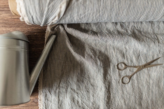 Blue wide striped linen fabric, Natural Fabric by the yard or meter, Washed flax fabrics
