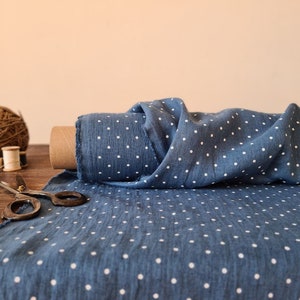 Linen fabric steel blue with dots, Fabric by the yard or meter, Softened washed linen fabric image 3