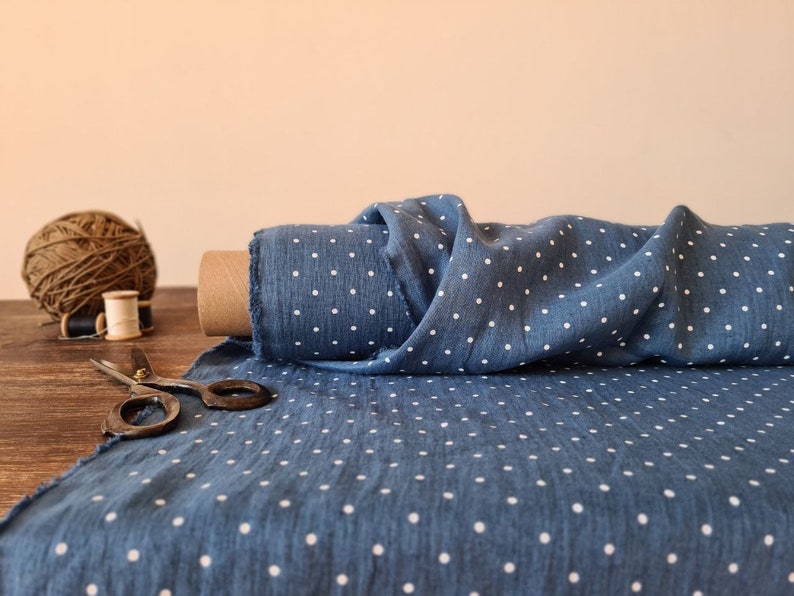 Linen fabric steel blue with dots, Fabric by the yard or meter, Softened washed linen fabric image 3