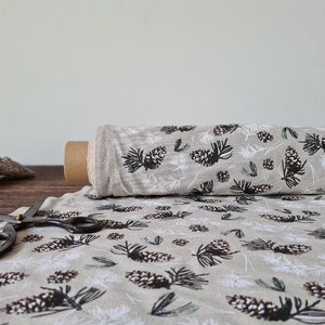 Christmas unwashed linen fabric natural with pines printed, fabric by the meter or yard, Linen blend fabric