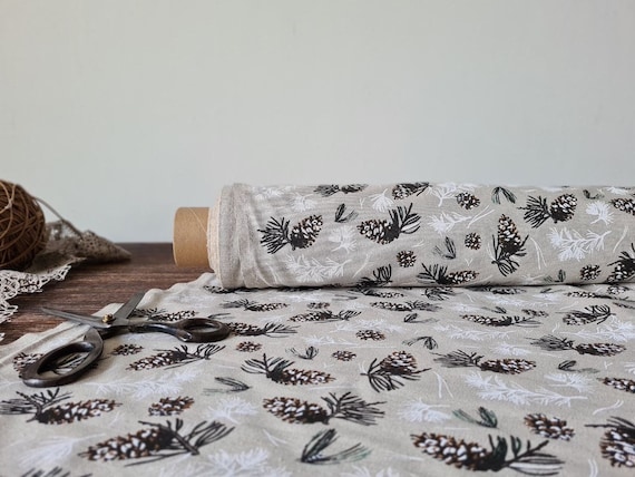 Christmas unwashed linen fabric natural with pines printed, fabric by the meter or yard, Linen blend fabric