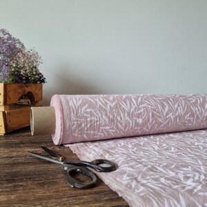 Printed linen pastel pink fabric with leaves and birds, Natural floral fabric by the yard or meter, Washed floral flax sewing fabrics