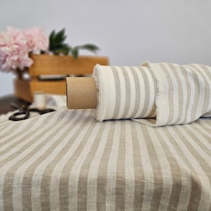 Linen fabric natural with milk white stripes, Natural linen medium weight fabric by the yard, Washed organic flax